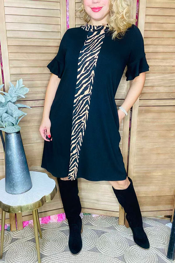Zebra printed & black short sleeve women dress w/side pockets BQ15943