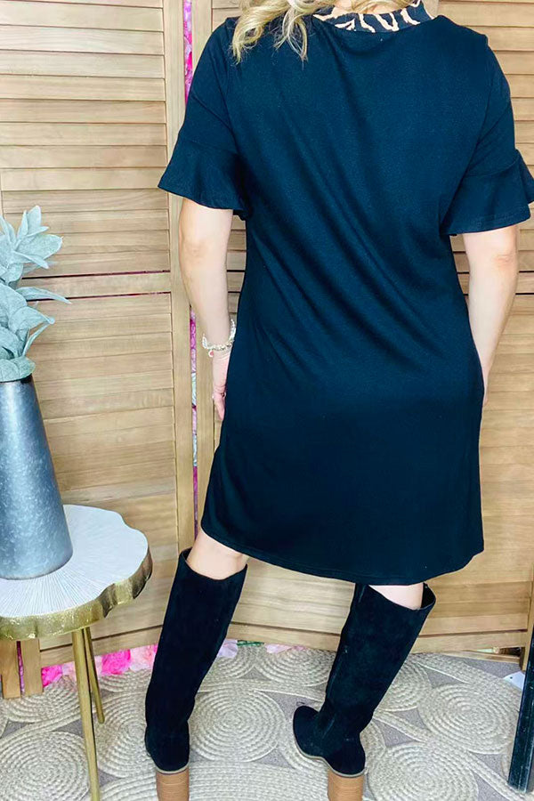 Zebra printed & black short sleeve women dress w/side pockets BQ15943