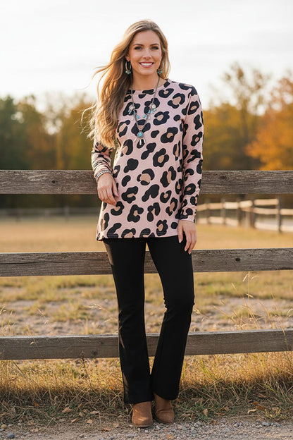 Western leopard top & black bell bottom pant women's boutique set BQ15944