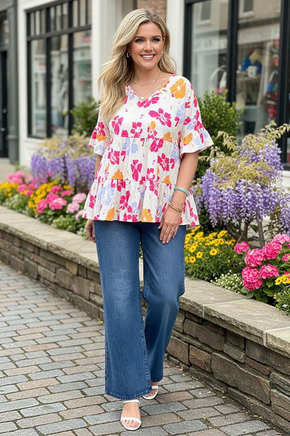 Southern Stitch Floral prints & bell short sleeve women top BQ15952