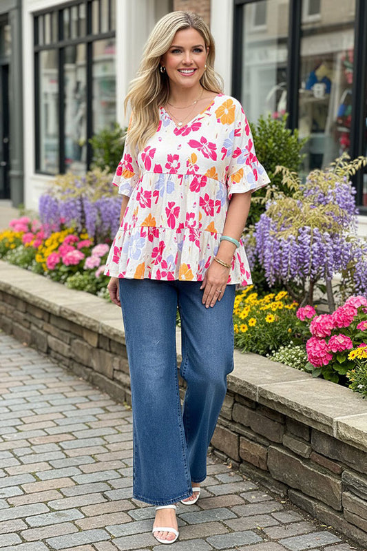 Southern Stitch Floral prints & bell short sleeve women top BQ15952