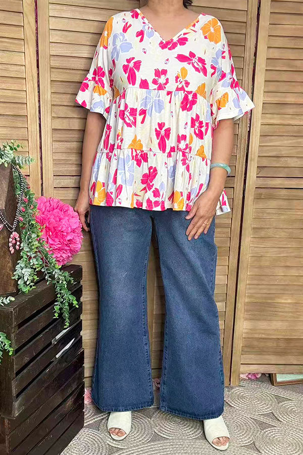 Southern Stitch Floral prints & bell short sleeve women top BQ15952