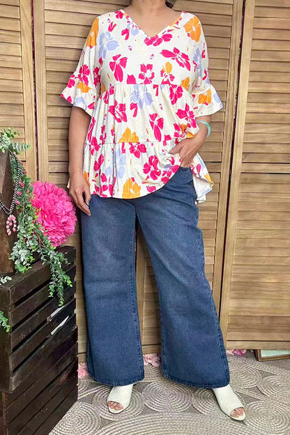 Southern Stitch Floral prints & bell short sleeve women top BQ15952