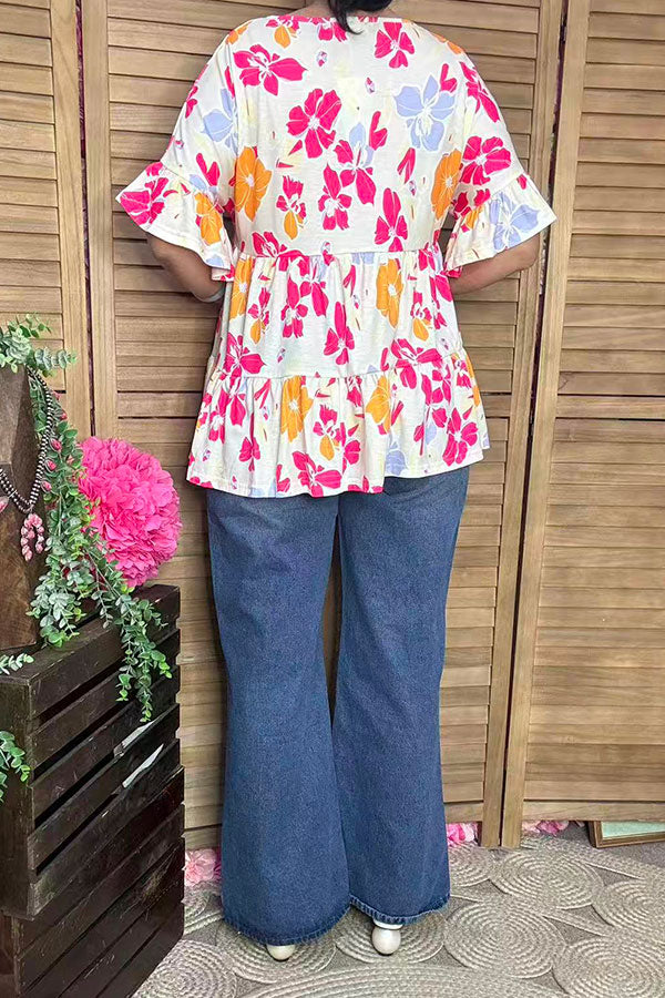 Southern Stitch Floral prints & bell short sleeve women top BQ15952