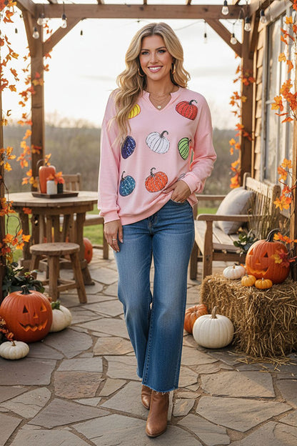 Western Halloween Sequin Pumpkin pink women's boutique top BQ16013