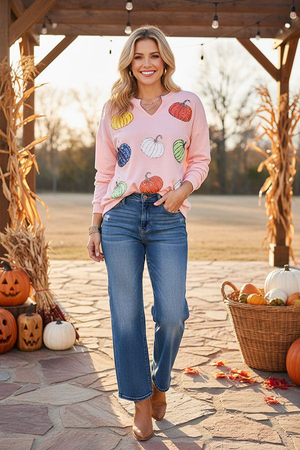 Western Halloween Sequin Pumpkin pink women's boutique top BQ16013