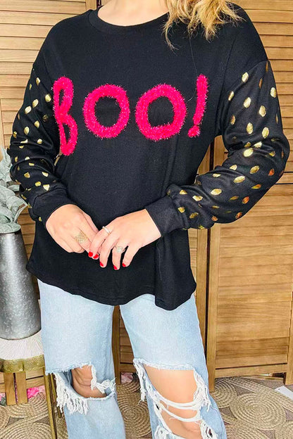 Halloween BOO embroidery gold sparkle dots sleeves women's boutique top BQ16079