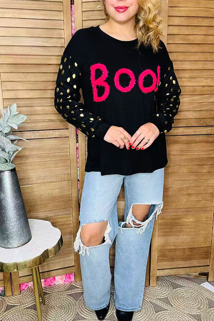 Halloween BOO embroidery gold sparkle dots sleeves women's boutique top BQ16079