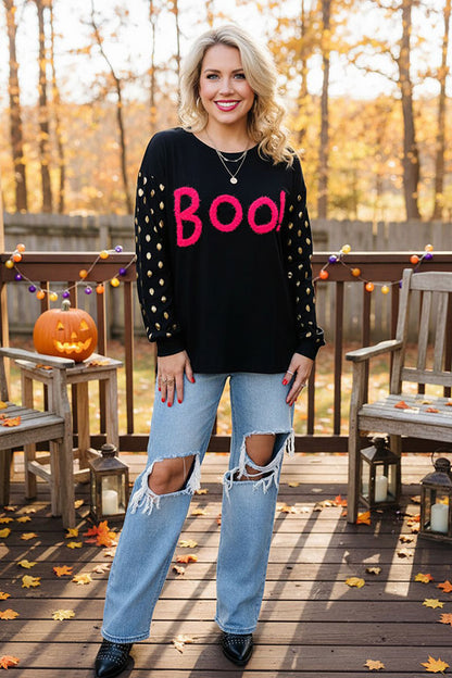 Halloween BOO embroidery gold sparkle dots sleeves women's boutique top BQ16079