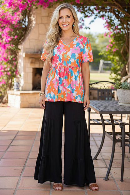 Chich loral prints & puff short sleeves women's boutique top BQ16096
