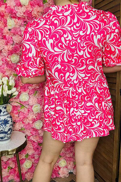 Wholesale women blouse Fuchsia floral printed blocked short sleeves BQ16098