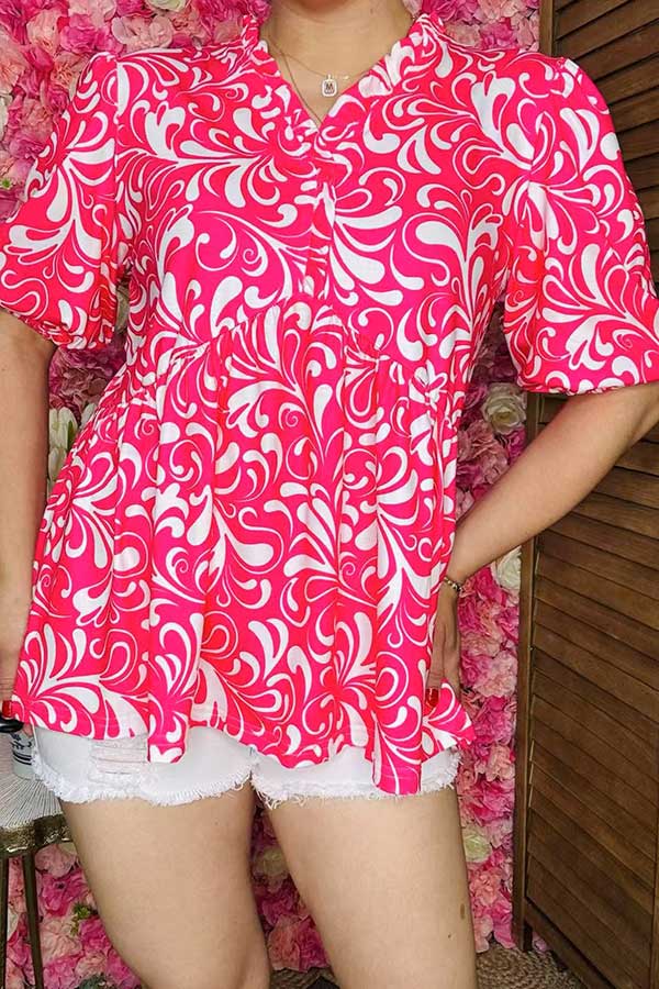 Wholesale women blouse Fuchsia floral printed blocked short sleeves BQ16098