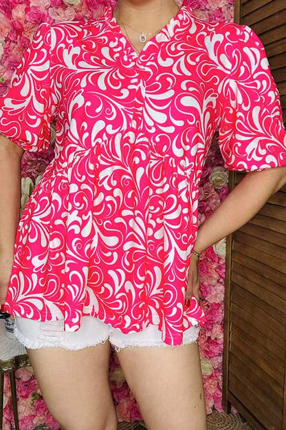 Wholesale women blouse Fuchsia floral printed blocked short sleeves BQ16098