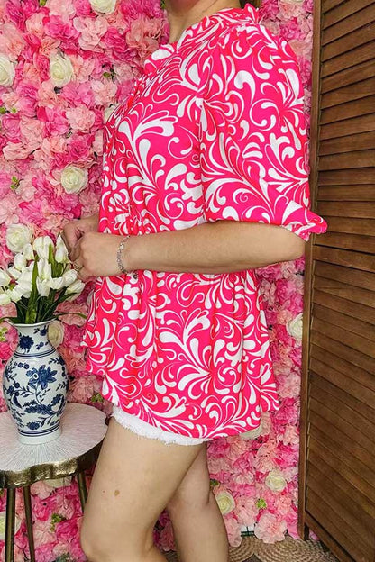 Wholesale women blouse Fuchsia floral printed blocked short sleeves BQ16098