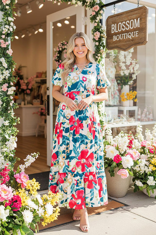 Plus size mint & red floral printed balloon sleeve women maxi dress BQ16099