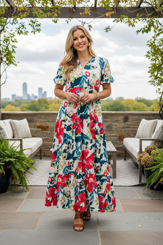 Western floral printed puff sleeve maxi womens boutique dress BQ16099