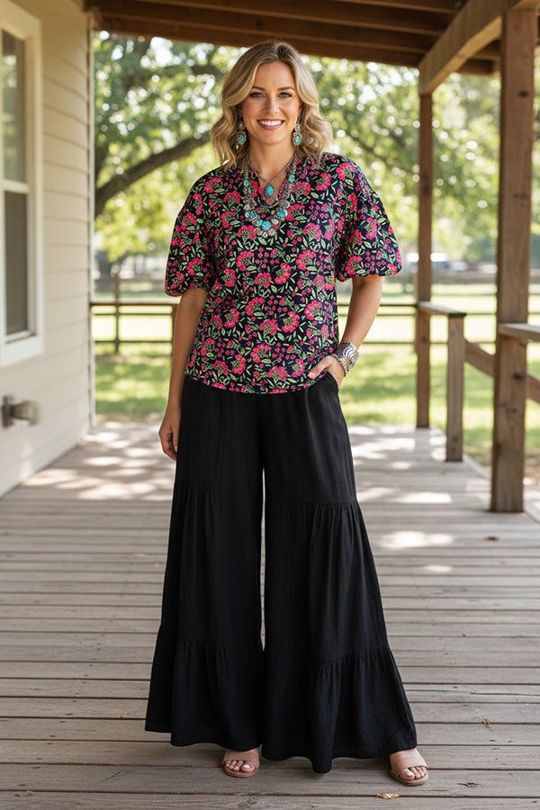 Western chic floral drop shoulder puff sleeve women's boutique blouse BQ16142