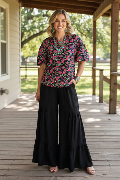 Western chic floral drop shoulder puff sleeve women's boutique blouse BQ16142