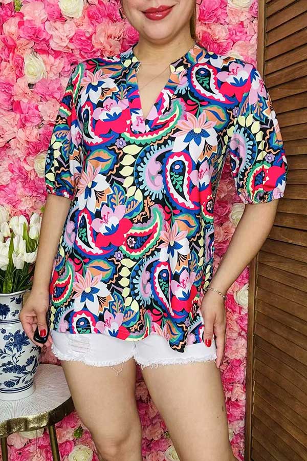 Women blouse suppliers Multi color paisley & floral printed & short sleeves BQ16143