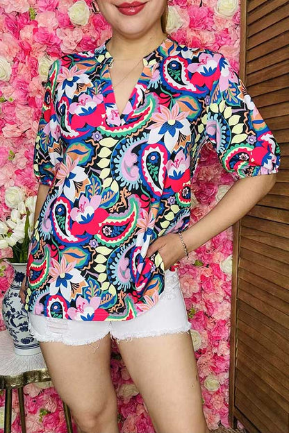 Women blouse suppliers Multi color paisley & floral printed & short sleeves BQ16143