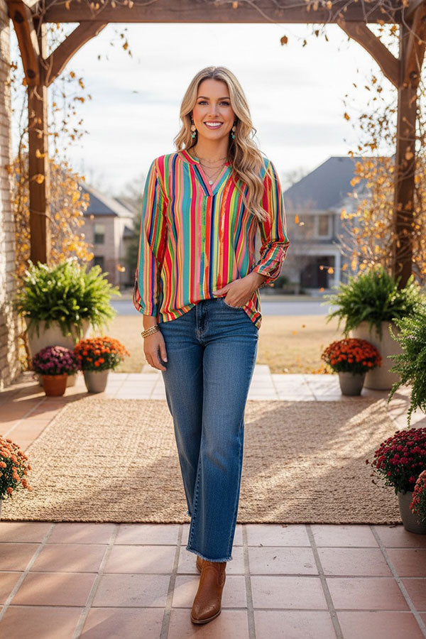 Western serape ong sleeve women's  boutique blouse w/v-neckline BQ16177