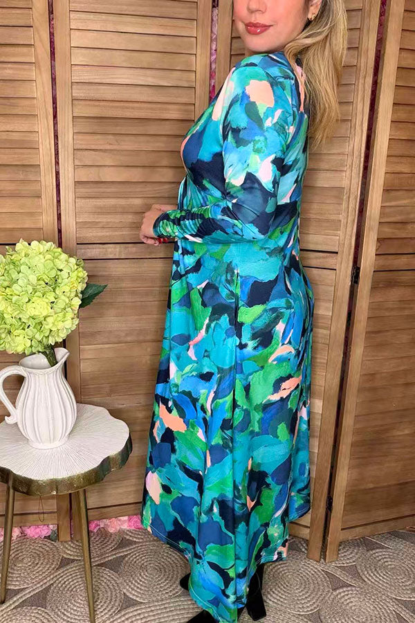 Bule painting printed twist long sleeve women dress w/v-neckline BQ16322