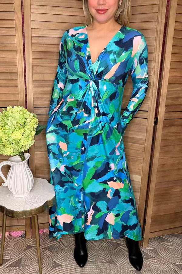 Bule painting printed twist long sleeve women dress w/v-neckline BQ16322