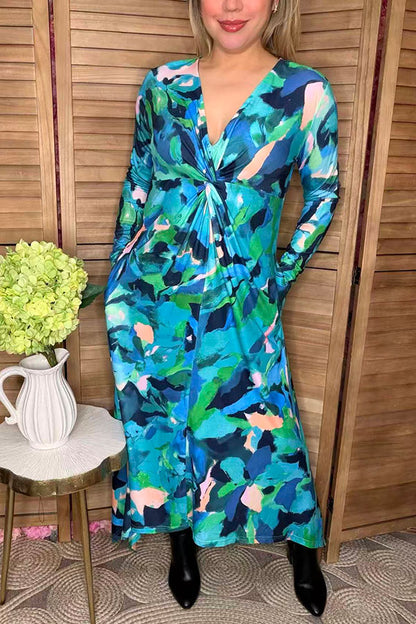 Bule painting printed twist long sleeve women dress w/v-neckline BQ16322
