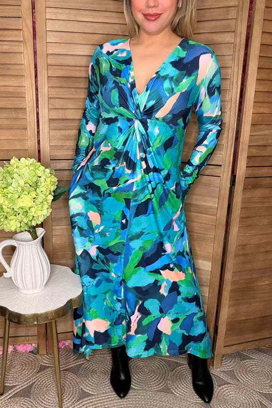 Bule painting printed twist long sleeve women dress w/v-neckline BQ16322