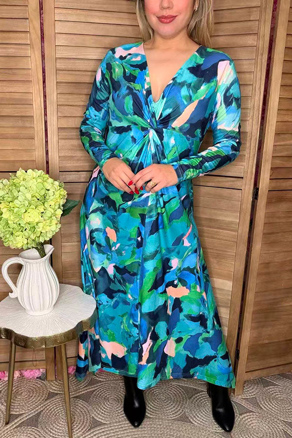 Bule painting printed twist long sleeve women dress w/v-neckline BQ16322