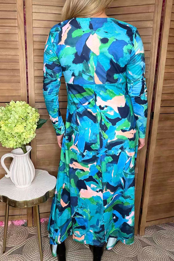 Bule painting printed twist long sleeve women dress w/v-neckline BQ16322