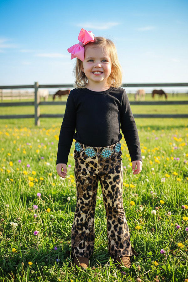 BQ2416 Black long sleeve top leopard bell bottom pant 2pc girls sets