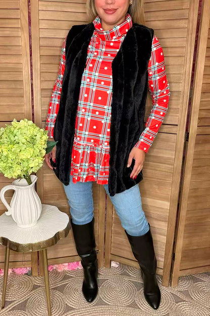 Red plaid & dots prints mock neck w/ruffle bottom long sleeve women tunic BQ6410 (AS15)