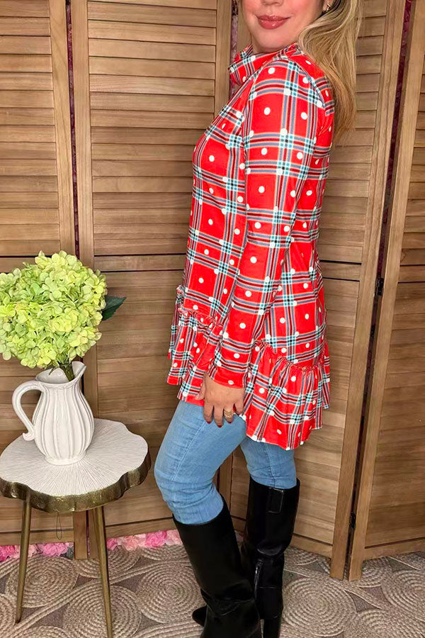 Red plaid & dots prints mock neck w/ruffle bottom long sleeve women tunic BQ6410 (AS15)
