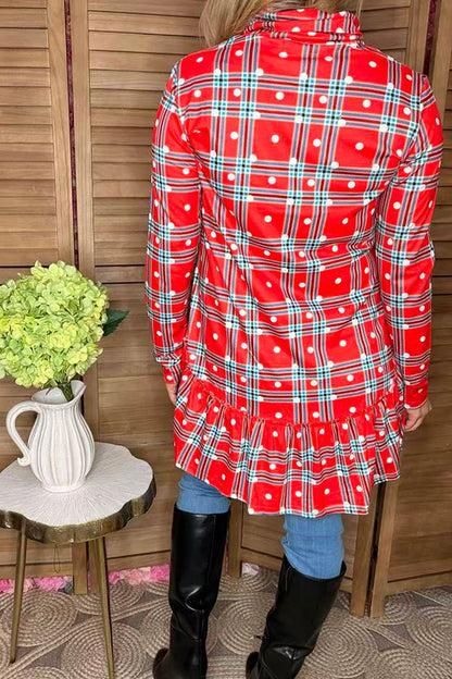 Red plaid & dots prints mock neck w/ruffle bottom long sleeve women tunic BQ6410 (AS15)