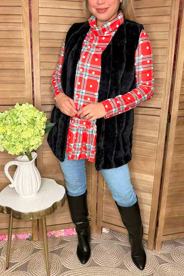 Red plaid & dots prints mock neck w/ruffle bottom long sleeve women tunic BQ6410 (AS15)