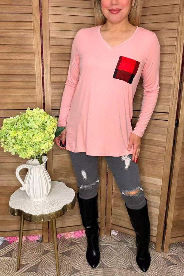 Pink long sleeve w/plaid printed back women tops w/front pocket BQ8142