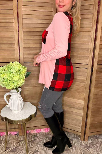 Pink long sleeve w/plaid printed back women tops w/front pocket BQ8142