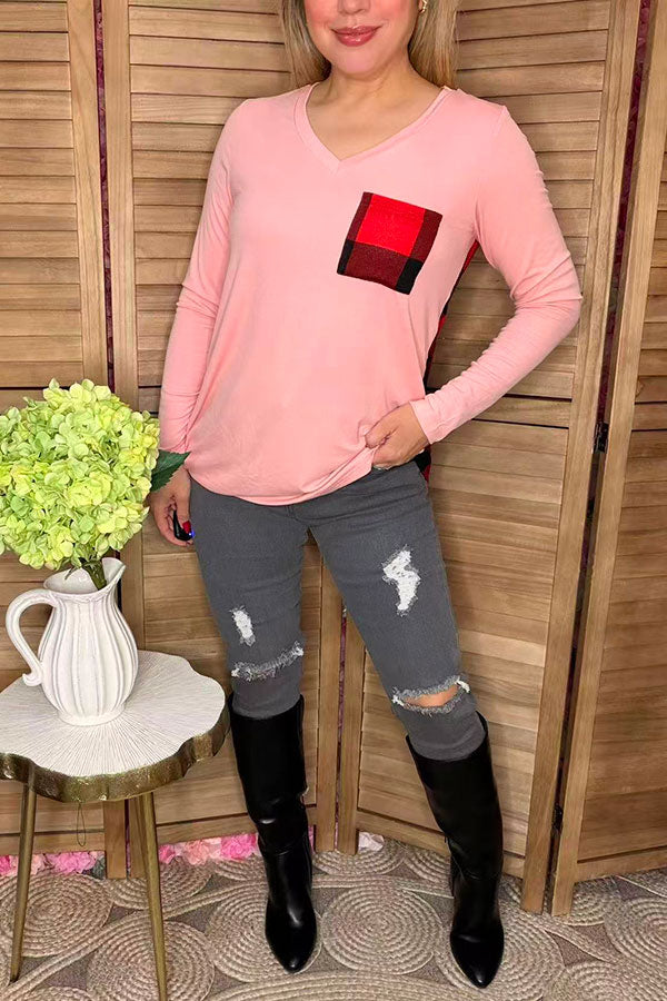 Pink long sleeve w/plaid printed back women tops w/front pocket BQ8142