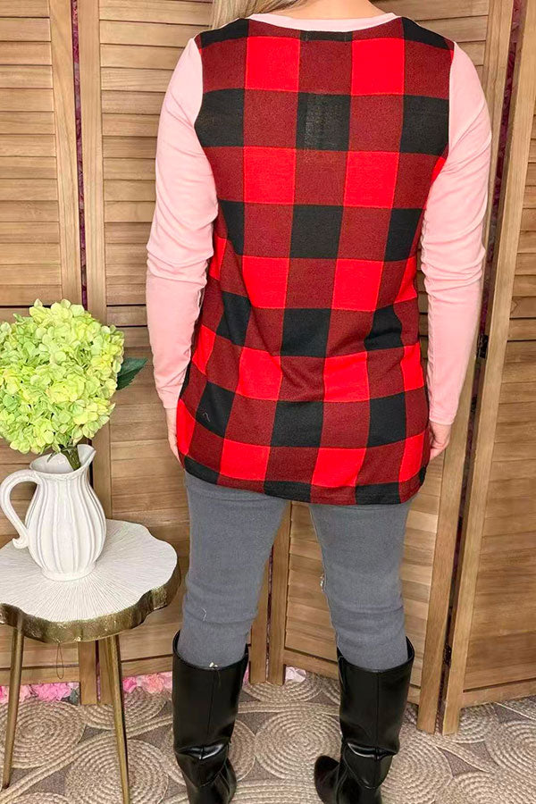 Pink long sleeve w/plaid printed back women tops w/front pocket BQ8142