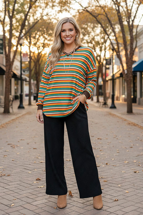 Multi-color striped printed long sleeve women top BQ8424