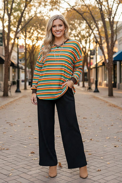 Multi-color striped printed long sleeve women top BQ8424