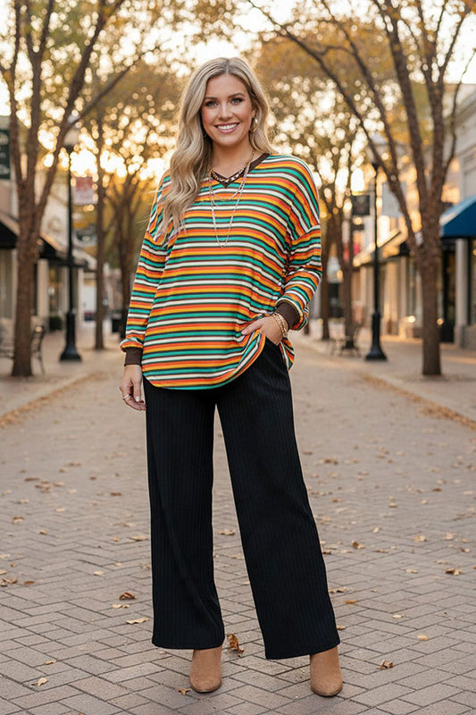 Multi-color striped printed long sleeve women top BQ8424