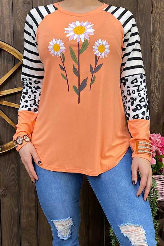 DLH11693 Orange Daisy flowers printed long sleeve top