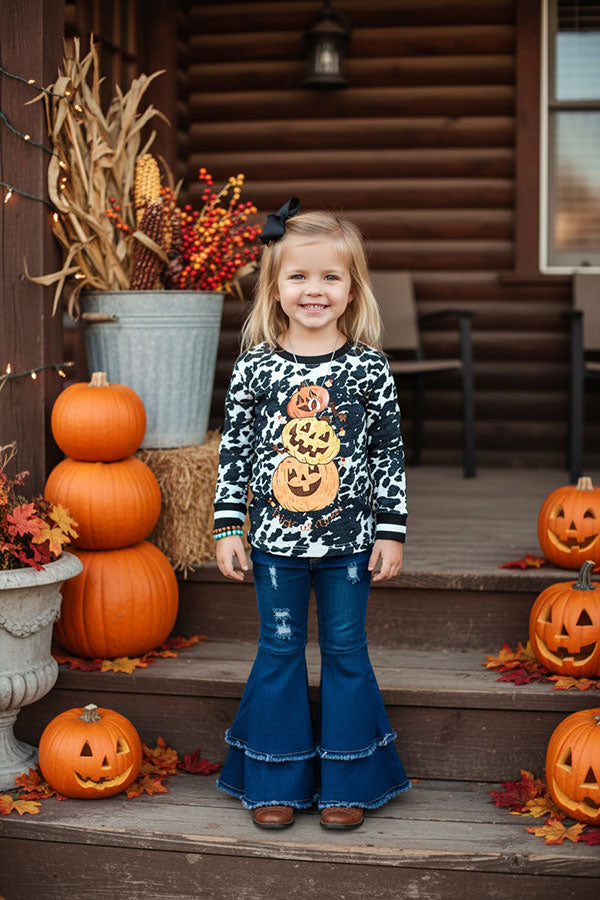 Western cow printHalloween long sleeve girls boutique top DLH0821-5