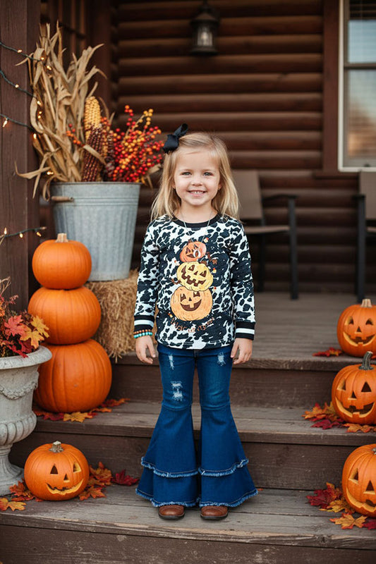 Western cow printHalloween long sleeve girls boutique top DLH0821-5