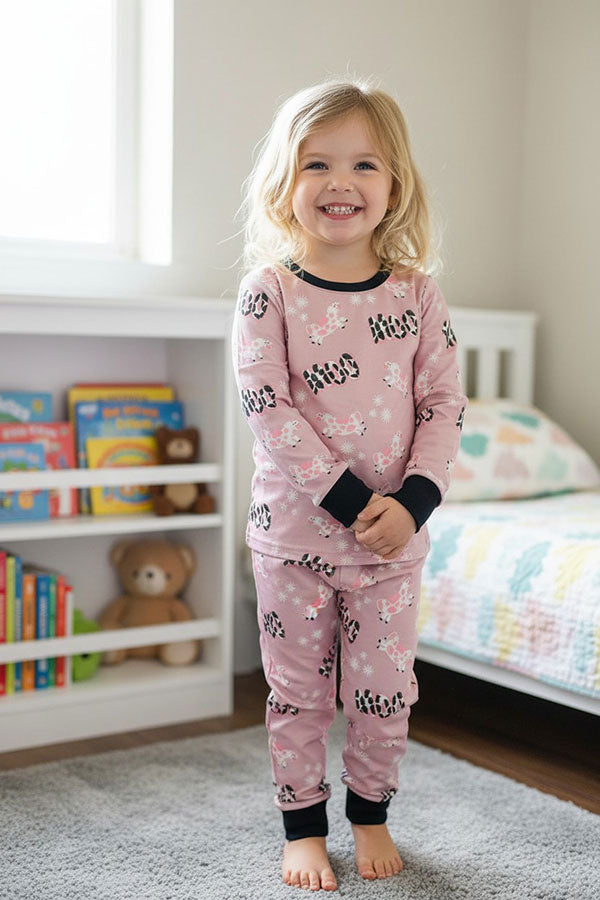 Western MOO Pink cow boutique girls pajama set DLH0824-11