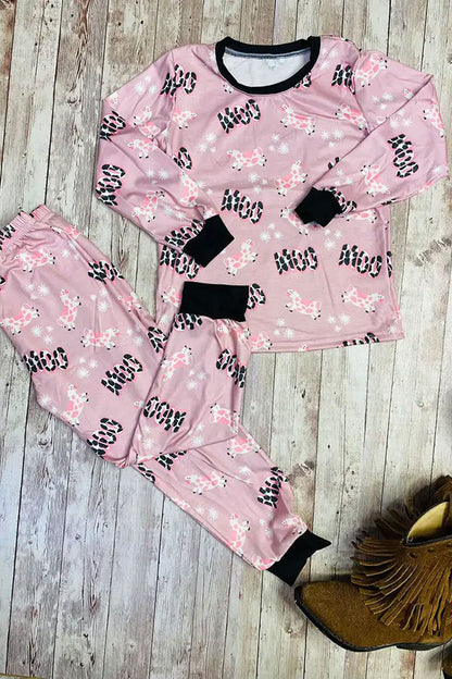 Western MOO Pink cow boutique girls pajama set DLH0824-11
