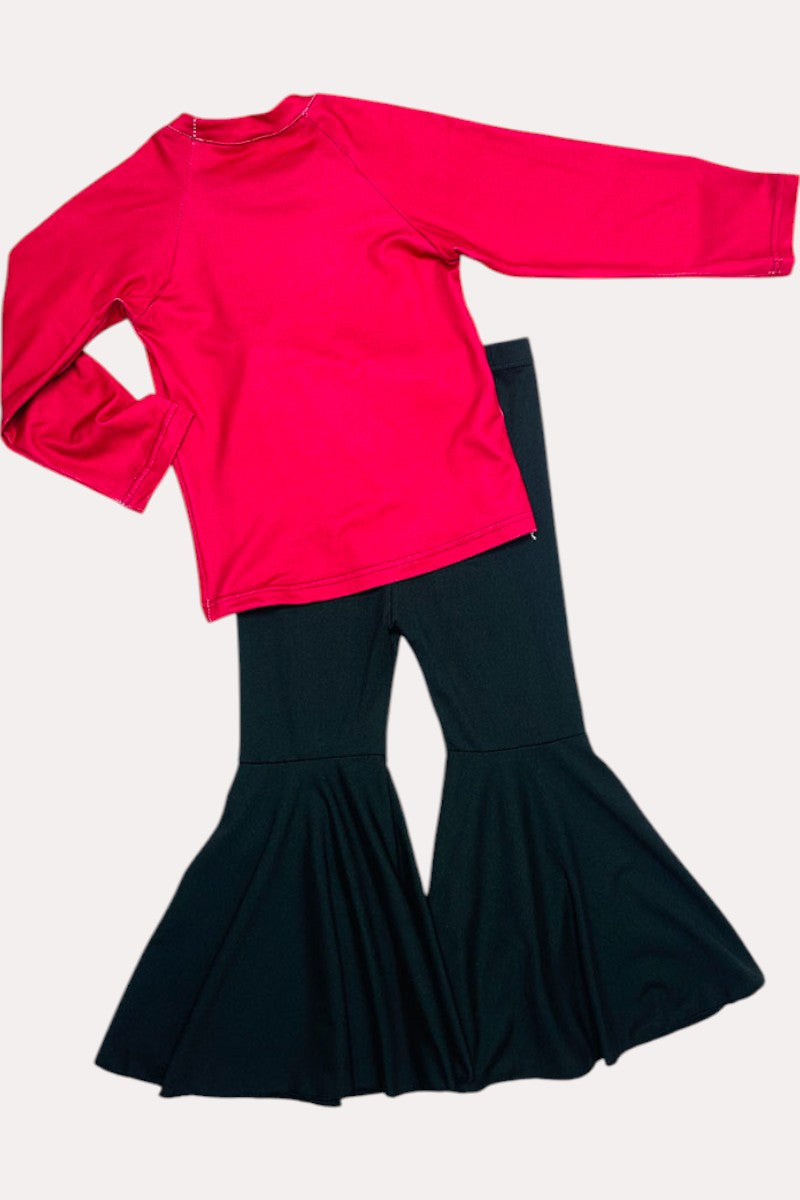 D0824-13 Rodeo western prints red raglan top black bell bottom girls sets