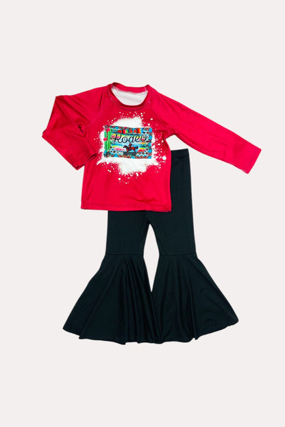 D0824-13 Rodeo western prints red raglan top black bell bottom girls sets